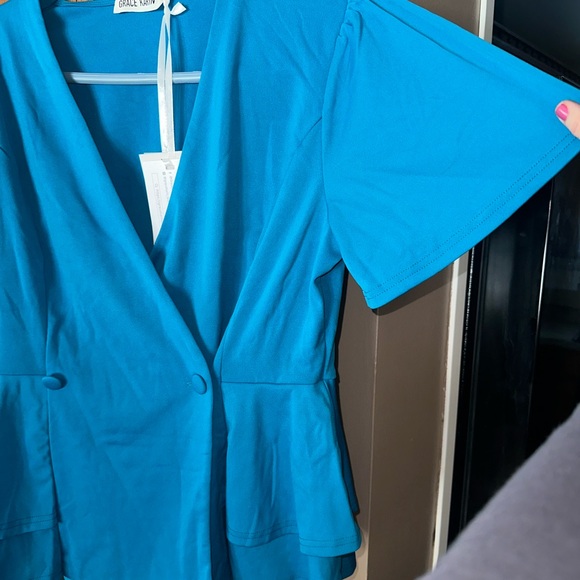 NEW NWT Grace Karin Women's Teal Blouse with Peplum Design. - Picture 3 of 12